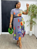 Miyaji Fashion Set Women's Summer French High-Grade Folding Print Short-Sleeved Top + Loose A Word 100-Fold Long Skirt