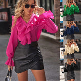 2025 Women's Autumn New V-Necked Leaf-Side Temperament Elegant Shirt Woman