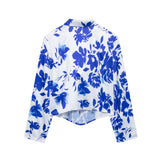 Blue-Print Casing Shirt 2025 Spring And Summer Collar Long-Sleeved Short Leisure Shirt Woman