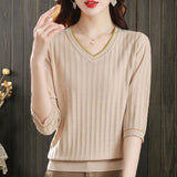 V-Neck Seven-Sleeved T-Shirt Women's Mid-Sleeve Top Ice Knitted Shirt Thin Mother Spring T-Shirt Elegant