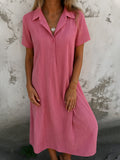 2025 New Leisure Spring And Summer Loose Short-Sleeved V-Neck Solid Cotton Shirt Dress