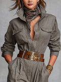 2025 Women's Long Sleeve Shirt Collar Pocket Jumpsuits Trousers