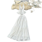 White Holiday Set Women In Summer Pure Want To Close Waist Hanging Neck Lace Splicing Sling Vest Fairy Chiffon Half-Body Skirt