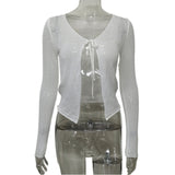 2025Ins Wind Sweater Knitted U-Neck Hollow Solid-Colored Bow Strap Wearing Long-Sleeved Women's Top
