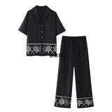 2025 Summer New Women's Collar Short-Sleeved Embroidered Shirt Tight High-Rise Straight Trouser Set High-Waist Design