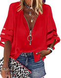 2025 New V-Neck Zipper Shirt Half-Horn Sleeve Grid Spliced Loose Casual Shirt For Women