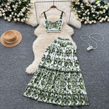 Blue And White Porcelain Printing Set Of Women In Summer Pure Desire To Bare Belt Slings Small Vest + High Waist Mid-Dress Skirt
