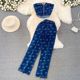 Fashion Suit Female Retro Temperament Breast-Wearing Cowboy Vest Two Sets Of Leisure High-Rise Thin Straight Pants