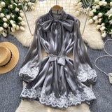 Spring Dress Women's Neckline Bow Tie With Lantern Sleeve Lace Splicing Bright Face Chiffon Skirt Skirt Skirt