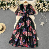 Summer V-Neck Print Chiffon Dress Women's Waist Thin Temperament Lotus Leaf Side Short Sleeves To Close The First Love Fairy Dress