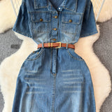 Vintage Hong Kong Style Denim Dress Woman 2025 Summer New High-End Temperament To Show Thin Long Dress