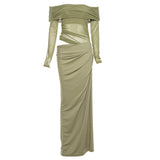 Spring 2025 New Women's Temperament Sexy Shoulder Mesh Perspective Long Dress Dress Woman