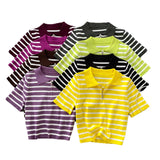 Short-Sleeved Knitted Women 2025 Summer South Korea Ins New Trendy Sleek Striped T-Shirt Women's Tops