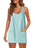 2025 Summer Solid Sleeveless Dress Fine Shoulder Strap Vest Skirt Sports Skirt Pocket