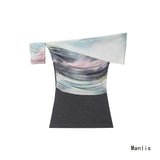 INS 2025 Spring New Dizzy Mesh Knitting Splicing Shoulder Lady T-Shirt Folded Top