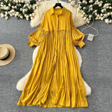 Artistic Retro Casual Dress Women's 2025 Spring Folding Lantern Sleeve Casual Loose Single-Dripple Shirt Long Dress