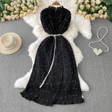 Famous Temperament Heavy Industry Pearl Wood Ear Round Collar Dress Women's Summer New Waist Thin 100 Folded Long Skirt