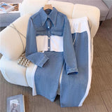 Cowboy Splicing Fashion Casual Set Spring And Autumn New Long Sleeve Top + Broad Legs Long Pants Two Sets