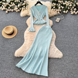 Rich Thousand Gold Wind Senior Feeling Sister Suit Female Autumn Horn Sleeve Knitted Blouse + High-Waisted Fish Tail Half-Body Dress