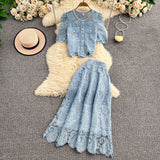 Famous Yuan Age Reduction Heavy Lace Embroidery Round Shirt Design Single Buckle Top Two Sets Of High-Rise Half-Dress