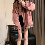 Vintage Spliced Denim Jacket Girl Spring And Autumn Loose Design Sense Small Casual Pink Workwear Top