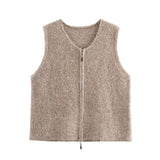Round Collar Double Zipper Knitted Vest Vest 2025 Spring Loose Short Sweater Cardigan Woman