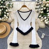 Clamming Striped Knitted Shirt Autumn Lotus Side Hem Horn Sleeves Slimmed Out Of The Bottom Coat