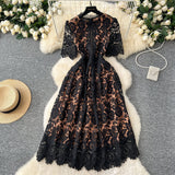 Vintage Elegant Heavy Industry Hollow Hook Water-Soluble Lace Dress Women's French Waist Thin Short Sleeve Dress