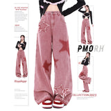 Dopamine Girl Wears Embroidered Straight Jeans Female Autumn Vintage High-Waisted Star Broad-Legged Pink Pants