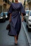 2025 Women's Fashion Temperament Elegant Solid Color Waist Dress Casual Bat Sleeve Dress