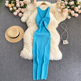 Ins Women's Summer New Sexy Kinesith Heart-Scuttered Fashion Two-Pin Knitted Dress
