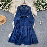 Court-Style Dress Woman's Spring 2025 New French Elegant Embroidered Lantern Sleeves Waist Single Buckle Large Swing Dress