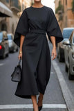 2025 Women's Fashion Temperament Elegant Solid Color Waist Dress Casual Bat Sleeve Dress