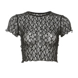 2025 Summer Fashion Trend Women's New Round Neck Short Sleeve Mesh Net Open Umbilical Repair T-Shirt