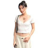 2025 Summer Fashion Trend Women's New Short-Sleeved V-Neck Lace Lace-Up T-Shirt
