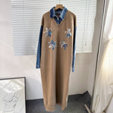 Autumn/Winter 2025 New Cowboy Splicing Knitted Two-Piece Collar Dress Flower Nails Decorated Long Dress Woman