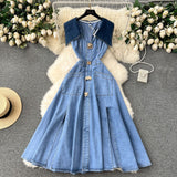 Design-Sensitive Large-Cuffless Vest Dress Women's Heart-Cuffed Long Retro Denim Dress Girl