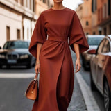 2025 Women's Fashion Temperament Elegant Solid Color Waist Dress Casual Bat Sleeve Dress