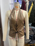 Sexy Hottie Low-Broth Open Shirt Solid Color Hanging Neck With Pu Skin Small Vest Woman