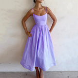 Women's New 2025 Spring Dress Solid Color Sexy U-Neck Waist Folding Sling Dress