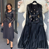 French Small Scented Dress Female Senior Feeling Heavy Industry Nail Bead Metal Collar Lace Splicing Hundred Folded Fairy Dress