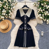 French Retro Trendy Polo Collar Short-Sleeved Dress Women's Summer Metal Buckle Waist Thin Knitted Skirt