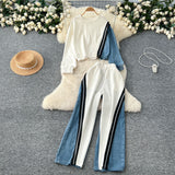 Fashion Denim Set Female Retro Casual Color Long-Sleeved Sweater Denim Spliced Broad Leg Pants Two Sets