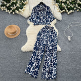 Salt-Lineed Light Style Suit Women's Fashion With Loose Short Print Shirt + High Waist Display Thin Leg Slacks