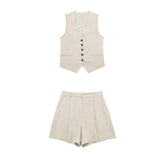 Women's 2025 Spring New Fashioned Colored Flax-Blend Vest + Shorts Set