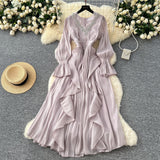 French High-End Elegant Dress Women Fashion Heavy Industry Embroidery Stender V Collar Waist Temperament Court Style Long Dress