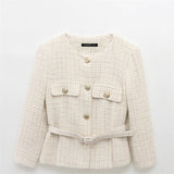 Belt Textured Long-Sleeved Round-Neck Casual Suit Jacket 2025 Spring Temperament Button Trim Jacket Woman