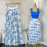 New Tight Waist High Waist Crums Sweet A-Shaped Skirt Women's Long Print 100-Fold Skirt