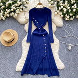 Autumn 2025 French Elegant Temperament Metal Button Repair Waist Long Pit Knitted Dress Woman