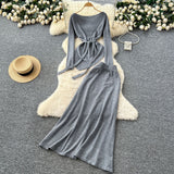 French Temperament Wears A Female Autumn And Winter Design Sense Of Irregular Strap To The Waist Long-Sleeved Knitted Shirt + High Waist Half-Dress